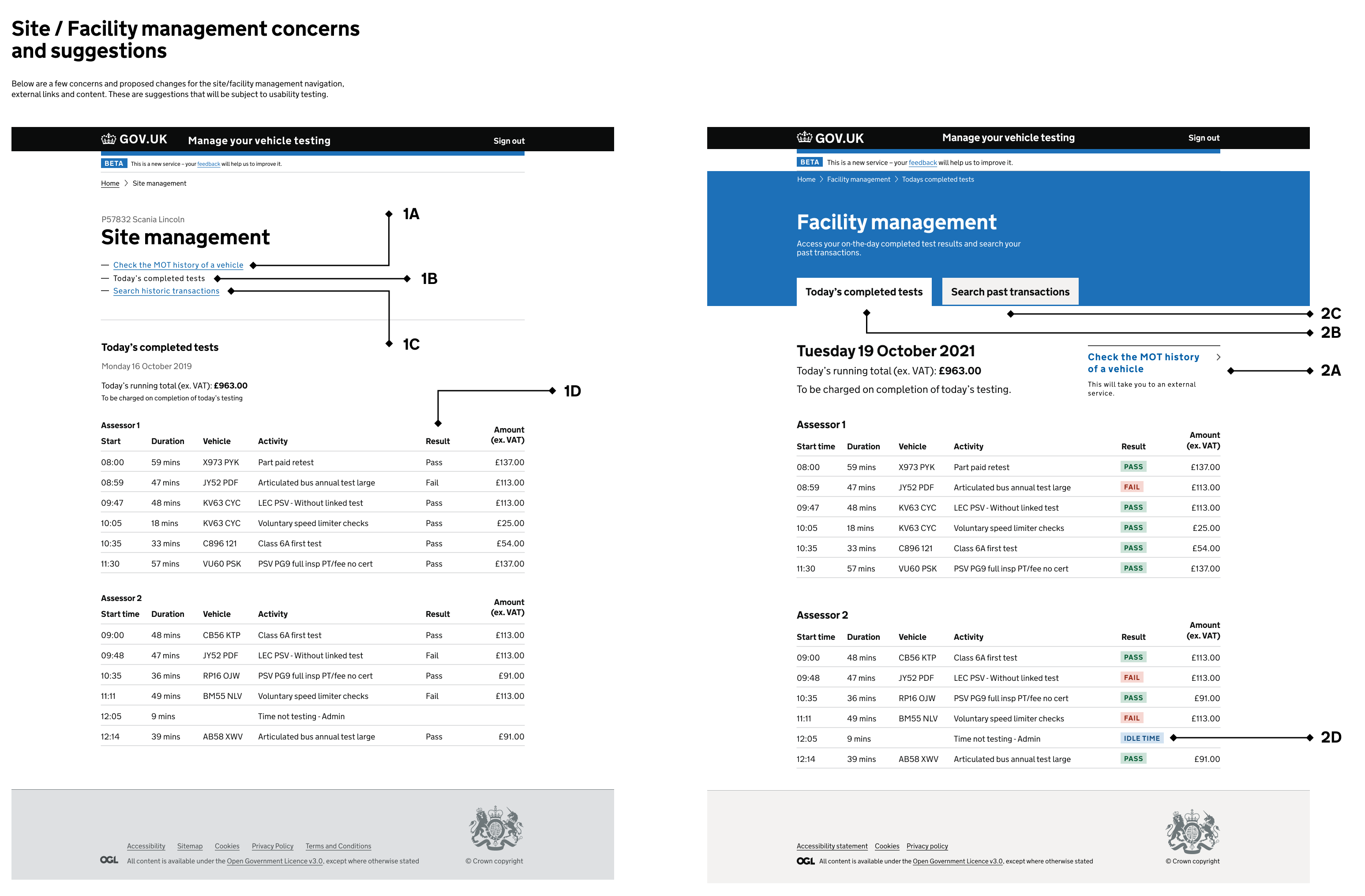 Image showing a side by side comparison of the original and redesigned MYVT completed tests page